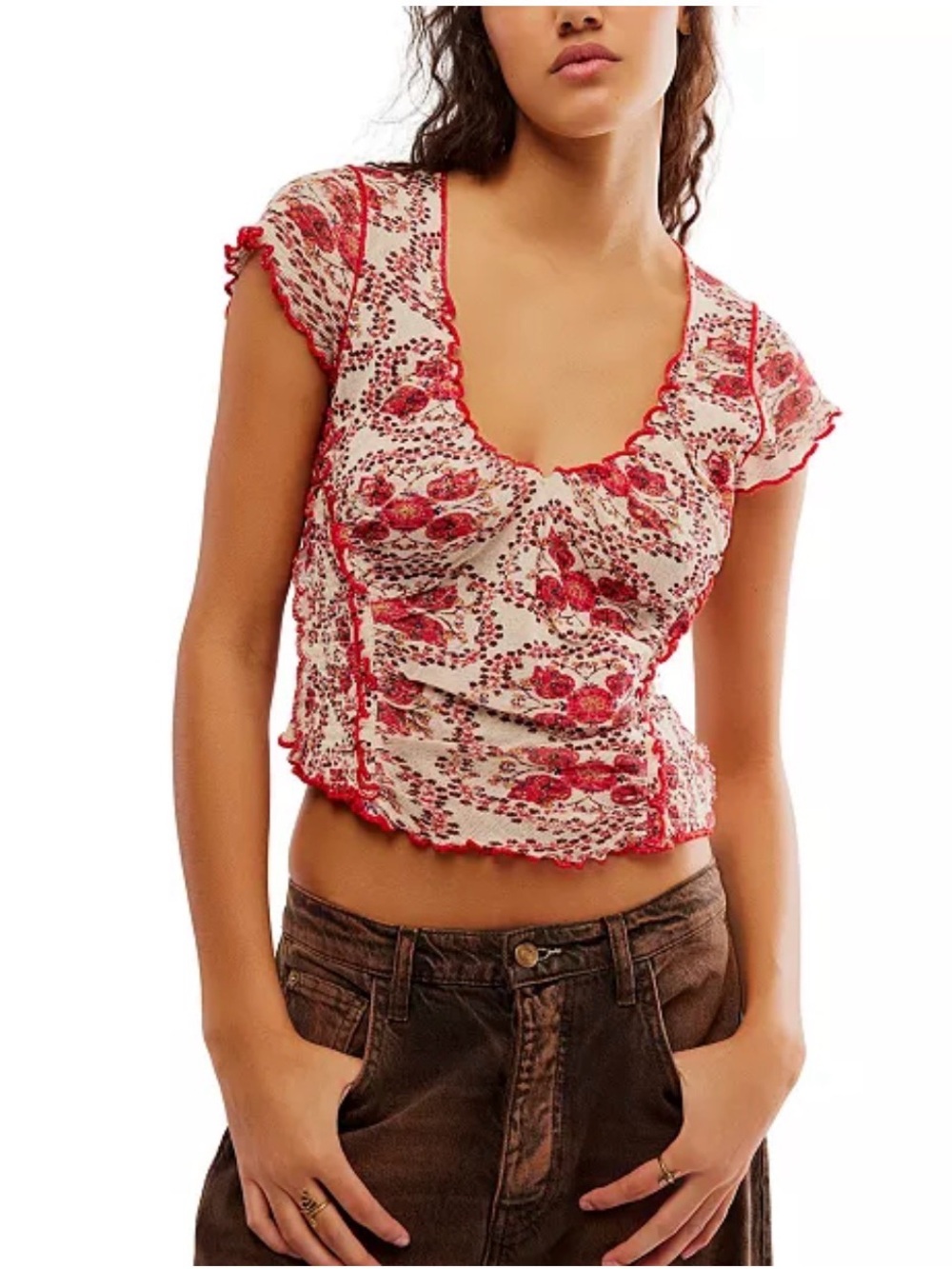 Free People Cream Crop Top with Red Floral Print